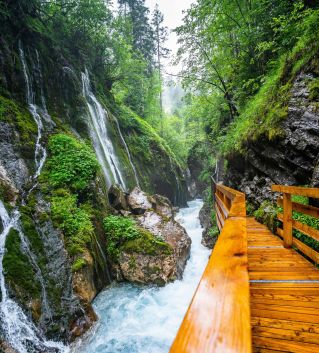 Explore a serene river gorge with cascading waterfalls and a wooden footbridge through lush greenery.