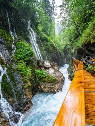 Explore a serene river gorge with cascading waterfalls and a wooden footbridge through lush greenery.